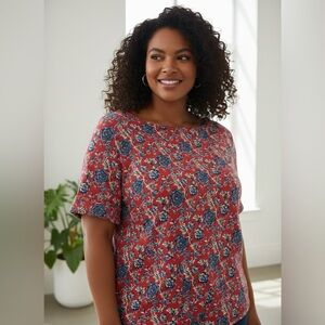 Lauren Ralph Lauren 2X Red Floral Cotton Stretch Boat Neck Top